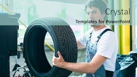  Presentation with auto - Amazing theme having auto mechanic changing tire in car workshop backdrop and a light blue colored foreground