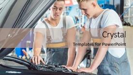  Presentation with mechanic shop - Slide set having auto mechanic checking the part background and a coral colored foreground