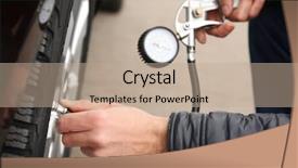  Presentation with tire - Presentation consisting of auto mechanic checking tire pressure background and a coral colored foreground