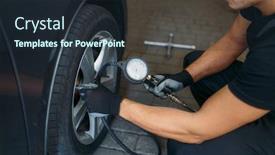  Presentation with checks - Colorful slide set enhanced with auto-mechanic-checks-the-tire backdrop and a tawny brown colored foreground