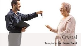  Presentation with auto - Cool new slide deck with auto-mechanic-giving-car-keys backdrop and a lemonade colored foreground