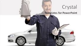  Presentation with car engine - PPT theme having auto-mechanic-holding-a-bottle background and a light gray colored foreground