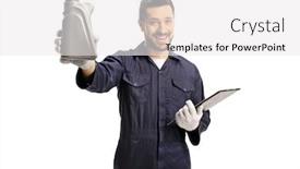  Presentation with motor oil - PPT theme having auto-mechanic-holding-a-bottle background and a white colored foreground