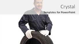  Presentation with tire - Audience pleasing presentation design consisting of auto-mechanic-holding-a-car backdrop and a white colored foreground