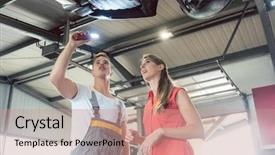  Presentation with auto parts - Beautiful presentation theme featuring auto mechanic holding a flashlight backdrop and a coral colored foreground