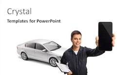  Presentation with auto - Cool new slide deck with auto-mechanic-holding-a-mobile backdrop and a white colored foreground