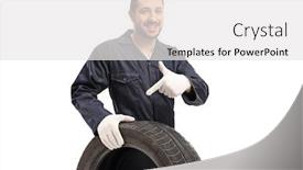  Presentation with tire - Amazing PPT layouts having auto-mechanic-holding-a-tire backdrop and a white colored foreground