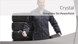  Presentation with auto - PPT theme enhanced with auto-mechanic-holding-a-tire background and a white colored foreground