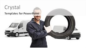  Presentation with tire - PPT theme consisting of auto-mechanic-holding-a-tire background and a white colored foreground