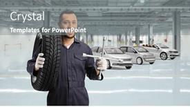  Presentation with garage car - PPT theme featuring auto-mechanic-holding-a-tire and a gray colored foreground