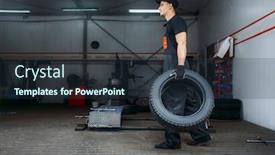  Presentation with tires - Slide set having auto-mechanic-holds-two-tires background and a tawny brown colored foreground