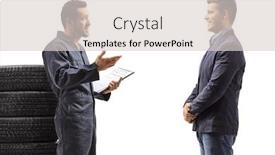  Presentation with tires - PPT theme having auto-mechanic-with-tires-talking background and a light gray colored foreground