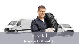  Presentation with auto - PPT layouts consisting of auto-mechanic-worker-carrying-tire background and a gray colored foreground