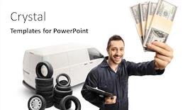  Presentation with tires - Slides having auto-mechanic-worker-holding-money background and a white colored foreground
