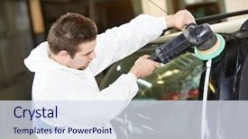  Presentation with mechanic shop - Theme with auto mechanic worker polishing car background and a sky blue colored foreground