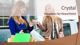  Presentation with women driving - Presentation theme enhanced with parking lot auto - two women were shopping background and a sky blue colored foreground