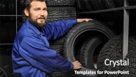  Presentation with automobile - Colorful PPT theme enhanced with auto parts - male mechanic holding car tire backdrop and a dark gray colored foreground