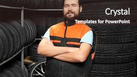  Presentation with tires - Cool new theme with auto parts - male mechanic near tires backdrop and a tawny brown colored foreground