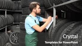  Presentation with auto parts - Cool new presentation theme with auto parts - male mechanic with clipboard near backdrop and a dark gray colored foreground