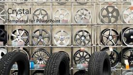  Presentation with auto parts - PPT theme enhanced with auto parts - rack with car wheels background and a mint green colored foreground