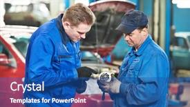  Presentation with combustion engine - Amazing PPT theme having auto parts - two mechanic engineers examining spare backdrop and a ocean colored foreground