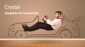  Presentation with hand drawn cartoon of sports - PPT layouts consisting of auto pilot - happy man driving an hand background and a coral colored foreground
