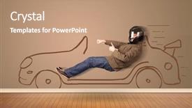  Presentation with hand drawn cartoon of sports - Presentation enhanced with auto pilot - happy man driving an hand background and a  colored foreground