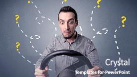  Presentation with question marks - Colorful slide set enhanced with auto pilot - young man holding black steering backdrop and a ocean colored foreground