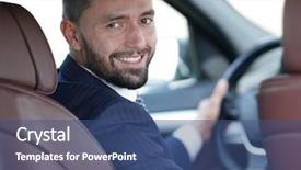  Presentation with auto - Amazing presentation theme having auto profile - businessman sitting at the wheel backdrop and a ocean colored foreground