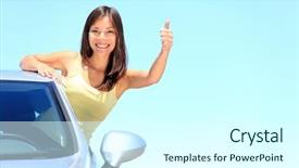  Presentation with race car - Slide set featuring auto racing - car woman driver happy smiling background and a cool aqua colored foreground