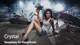  Presentation with smoke - Beautiful PPT layouts featuring auto racing - girl at a garage next backdrop and a dark gray colored foreground