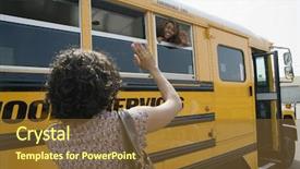  Presentation with school bus - Theme featuring auto racing - rear view of woman waving background and a tawny brown colored foreground