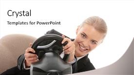  Presentation with young business woman smile show - Slide deck with auto racing - young caucasian business woman playing background and a white colored foreground
