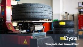  Presentation with tires - Audience pleasing PPT theme consisting of auto repair - inside a garage - changing backdrop and a ocean colored foreground