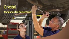  Presentation with working together - Slides consisting of auto repair - male and female mechanics working background and a tawny brown colored foreground