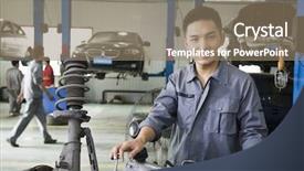  Presentation with mechanical crank v4 engine pistons - Amazing slide deck having auto repair - mechanic fixing car engine backdrop and a coral colored foreground