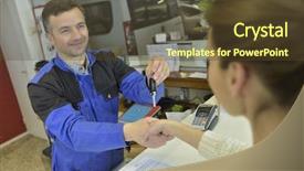  Presentation with mechanic repair - Cool new slide set with auto repair - mechanic giving keys back backdrop and a tawny brown colored foreground