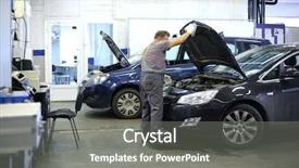  Presentation with car service - Amazing PPT theme having auto repair - mechanic in overalls opened hood backdrop and a gray colored foreground