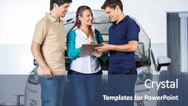  Presentation with mechanic - Audience pleasing slide set consisting of auto repair - smiling mechanic taking sign backdrop and a ocean colored foreground