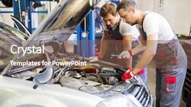  Presentation with mechanics - Slide set consisting of auto repair - two mechanics fixing car background and a violet colored foreground
