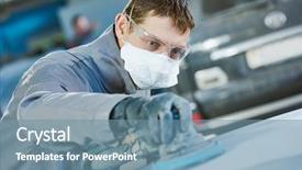  Presentation with auto - Presentation design having rennovation - auto repairman grinding autobody bonnet background and a seafoam green colored foreground