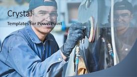  Presentation with collision repair auto - Amazing PPT layouts having rennovation - auto repairman grinding autobody bonnet backdrop and a light blue colored foreground