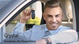  Presentation with car key - Cool new theme with auto road show - man holding key when sitting backdrop and a light blue colored foreground