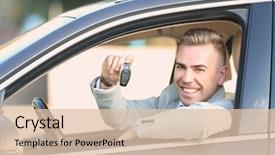  Presentation with car seat - Presentation design consisting of auto road show - man in formal wear holding background and a lemonade colored foreground