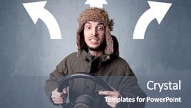  Presentation with black man - PPT theme featuring auto road show - young man holding black steering background and a  colored foreground