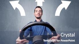  Presentation with black road - Slide deck having auto road show - young man holding black steering background and a  colored foreground