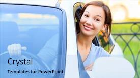  Presentation with car sales - Slide set consisting of auto sales - pretty girl in a car background and a light blue colored foreground