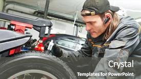  Presentation with tyre - Colorful presentation theme enhanced with auto service man worker measuring rubber car wheel tyre protector backdrop and a dark gray colored foreground