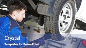 Presentation with tyre - Amazing PPT layouts having auto service man worker measuring backdrop and a ocean colored foreground