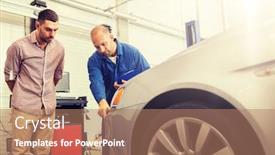  Presentation with mechanic car service repair maintenance - Presentation theme featuring auto service repair maintenance and people concept - mechanic with clipboard pointing at bumper and man or owner at car shop background and a coral colored foreground